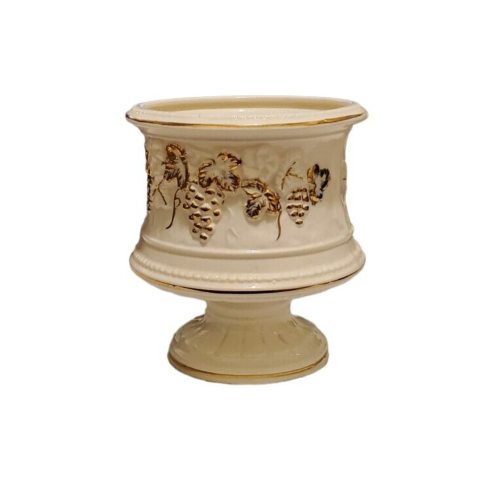 Vintage Velco Ceramic Planter Vase White Gold Trim Grapes Leaf MCM Made in Japan